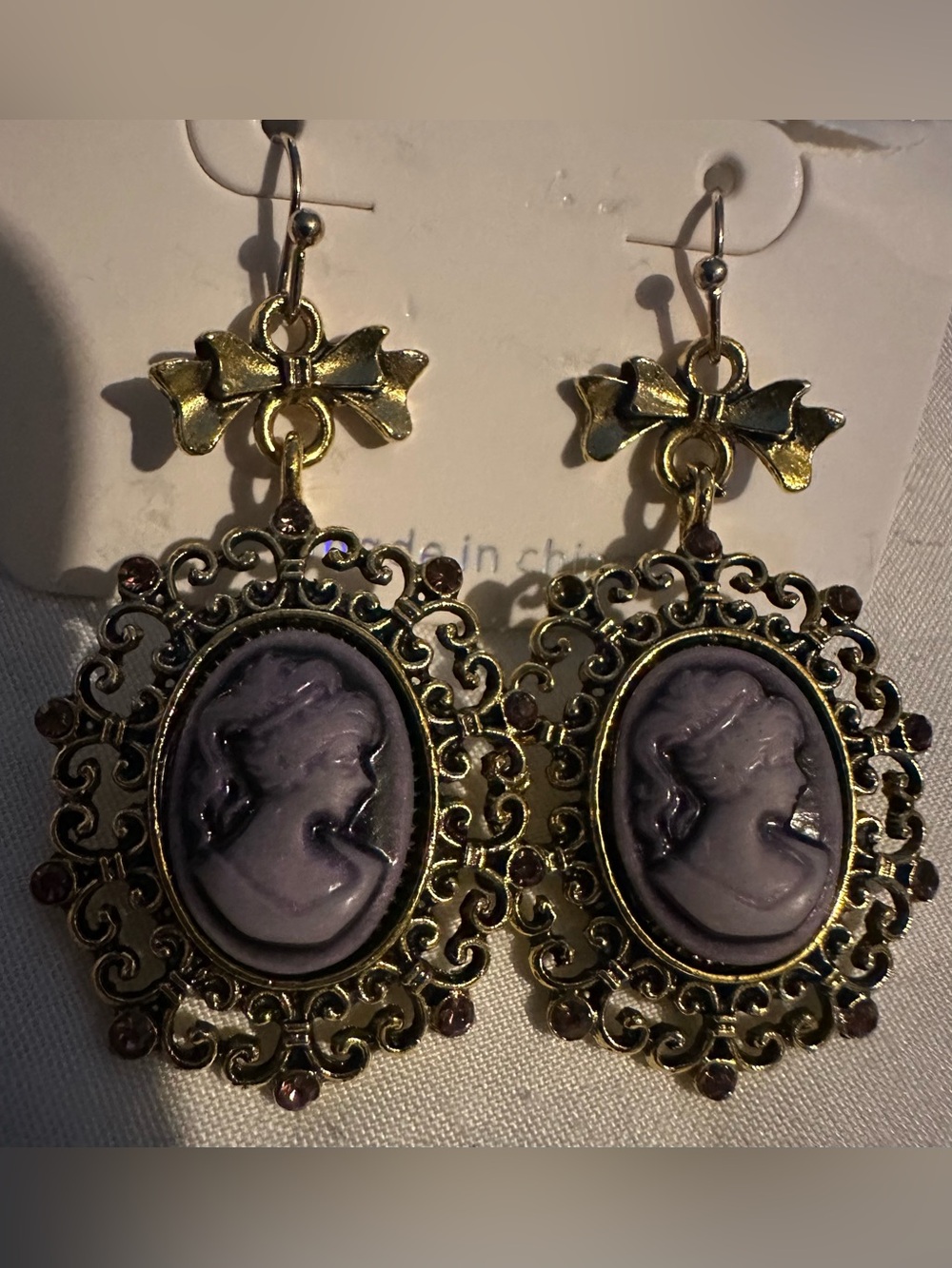 Vintage-Inspired Gold Bow Purple Cameo Like Drop Earrings Gold Tone